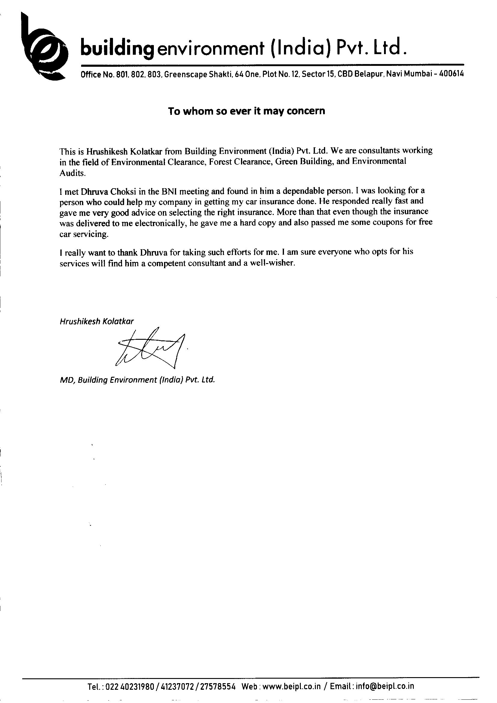Testimonial letter from Hrushikesh Kolatkar, Building Environment India